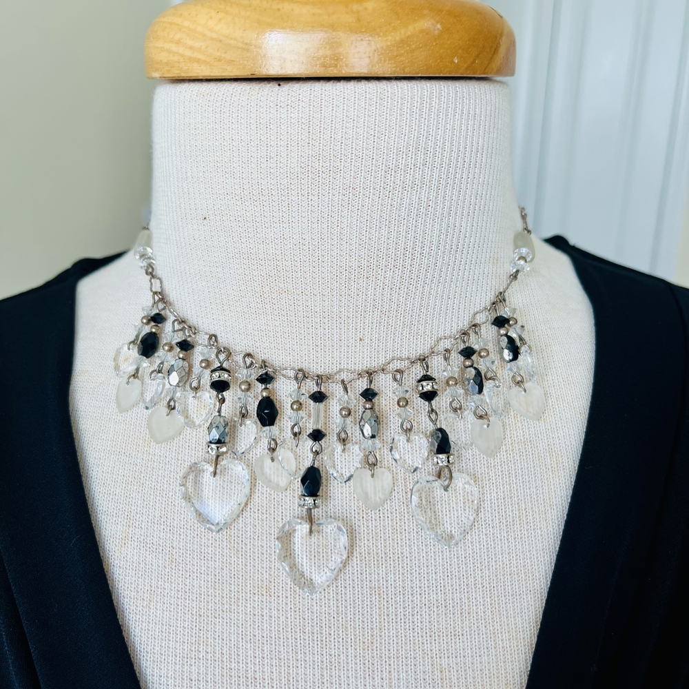 Chic 16" SS Necklace W/ Dangling  Clear Glass Hearts and Black Beads